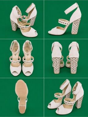 Beige Studded Block Heel Sandals with Ankle Strap